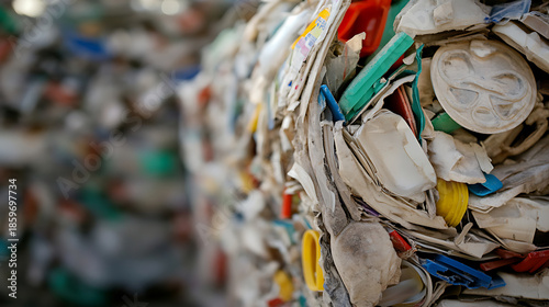 Close-up of compressed plastic and paper waste for recycling. A reminder of our environmental impact, urging responsible consumption & effective waste management practices.