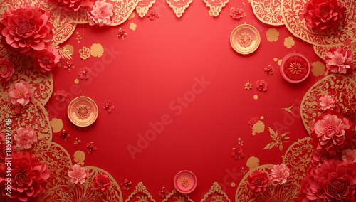 Colorful Arrangement With Flowers and Decorations on a Red Background for a S...