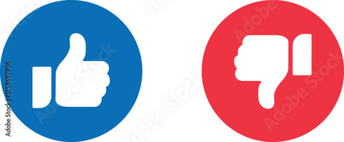 Thumbs up and thumbs down reaction icon set in blue and red circular style representing approval and disapproval, ideal for social media feedback systems, voting interfaces, rating features, 