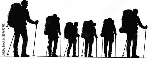 Black silhouette of a group of hikers walking with backpacks and trekking poles, isolated on white background, adventure travel concept.