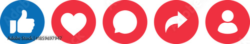 Set of social media reaction icons featuring like, love, comment, share, and user profile symbols in clean circular design, ideal for mobile apps, web interfaces, engagement buttons, and modern social