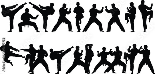 Collection of Black Silhouettes of Men Practicing Martial Arts Karate Kicks and Punches Isolated on White Vector