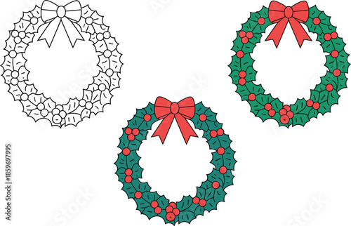Christmas wreath vector set, collection of festive holiday wreaths with green holly leaves red berries and bows in color and line art