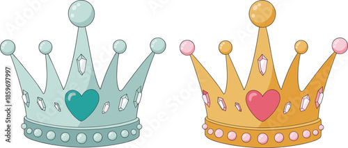 Royal princess crown vector set, cute gold and silver tiara illustrations with pink and teal heart jewels for girls birthday and party design