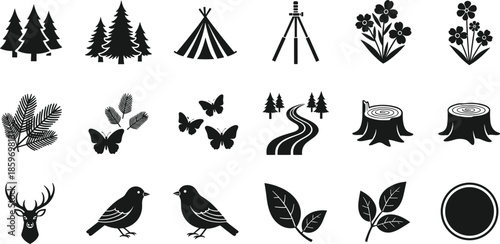 Nature Silhouette Icon Set Featuring Forest Trees, Camping Gear, Wildlife, Birds, Leaves and Outdoor Adventure Elements Illustration Design CollectionWeb