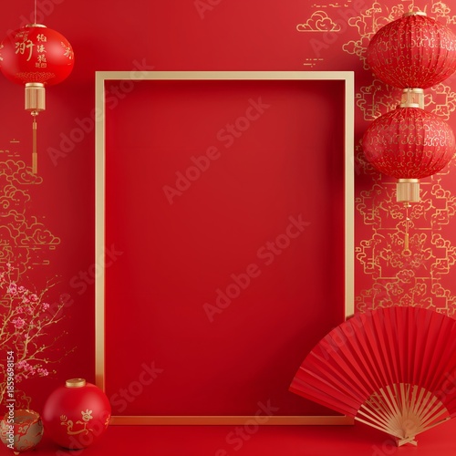 Decorative Red Backdrop With Lanterns, Fans, and Cherry Blossoms for Celebration