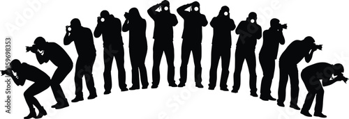Collection of black silhouettes of professional photographers and paparazzi taking pictures with cameras in a curved row isolated on white.