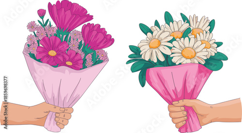 Hands holding flower bouquets vector set, cute cartoon illustration of pink cosmos and white daisy floral arrangements for gift or greeting