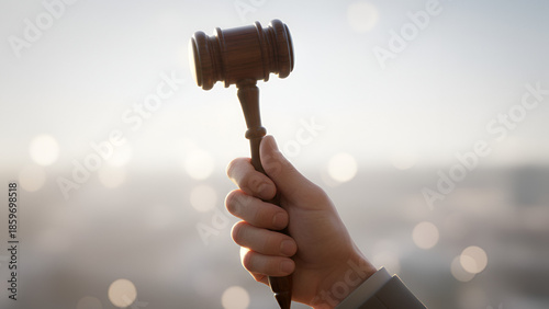 Judicial hammer in hand — courtroom symbolism, legal decision concept

