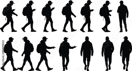 Collection of black vector silhouettes showing walking men with backpacks and caps, looking at phones, isolated on white background.