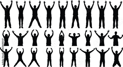 Collection of excited black silhouettes of men and women raising hands and jumping to celebrate success on a white background.