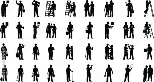 Professional worker silhouettes collection showing construction, maintenance, painting, repair, teamwork, tools, and industrial occupations in black icon style