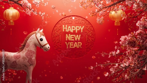 Celebration for New Year With Decorations and a Horse Figure in a Festive Set...