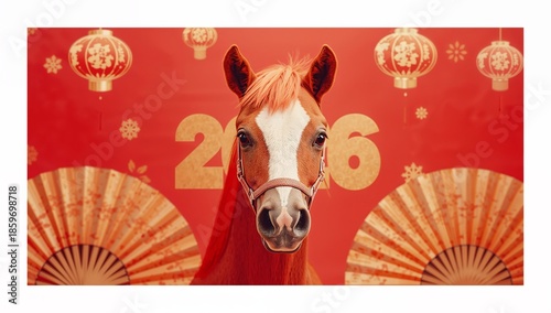 Celebration for New Year With Decorations and a Horse Figure in a Festive Set...