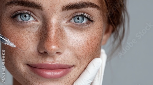 Aesthetic Beauty Injection Concept Featuring Young Redhead Woman with Freckles Receiving Facial Filler or Botox Treatment.