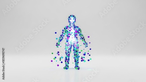 Abstract human figure rendered from colorful spheres on white background