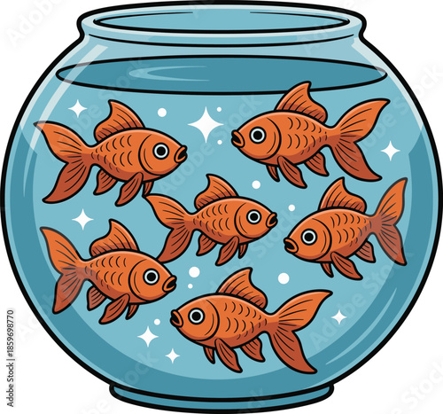 Cartoon goldfish in aquarium fishbowl illustration isolated on white background, cute aquatic pets, colorful underwater marine vector design