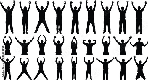 Large vector collection of happy people silhouettes with hands raised, celebrating success and jumping in joy isolated on white background.