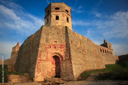 Historical castle ruins with tower in daylight, Krzyżtopór, Ujazd, Poland.