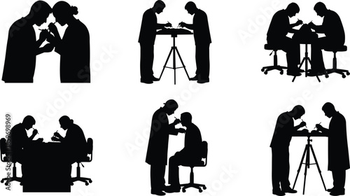 Set of black silhouettes depicting medical team, doctors and nurses examining patients in clinic, vector illustration isolated on white background.