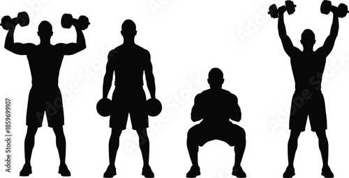 Set of black vector silhouettes showing muscular man bodybuilding with dumbbells, lifting weights and doing squats isolated on white background.