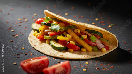 Colorful taco dish on vibrant plate — fresh toppings, street-food style

