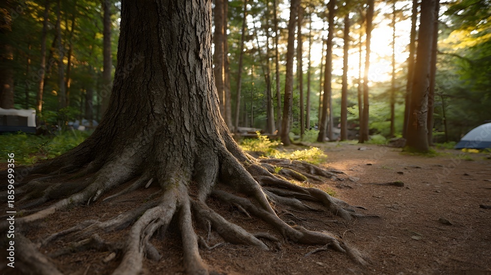 Obraz premium A large tree with prominent roots stands in a forest clearing at golden hour with sunlight filtering through the trees