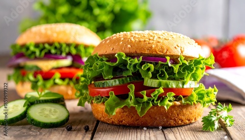 Two veggie burgers stacked high with lettuce, tomato, cucumber, onion on a rustic wood surface