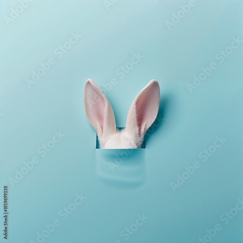 White Rabbit Peeking Over a Pink Sheet of Paper Against a Blue Background in ...