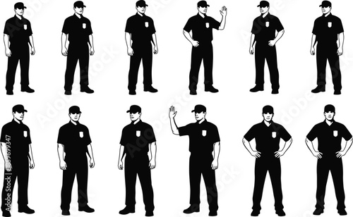 Set of isolated black vector silhouettes of security guard or police officer men in uniform with cap standing on white background.