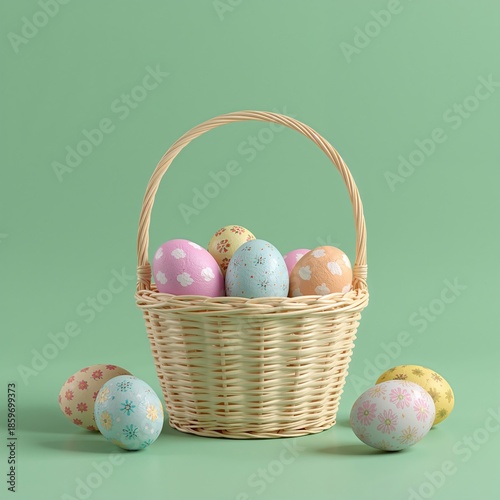 Colorful Eggs in a Basket With Flowers on a Green Background During Spring Se...