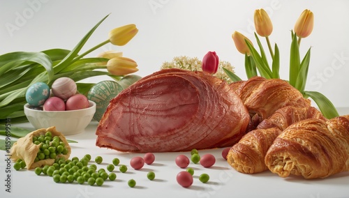 Food Arrangement With Ham, Croissants, Spring Flowers, and Easter Eggs on a W...