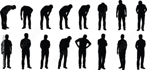 Vector collection of black silhouettes featuring men standing and bending in sad, tired, and depressed poses isolated on white background.