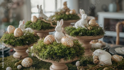 Decorative Display With Bunnies, Eggs, and Flowers for Spring Celebration