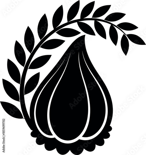 Black silhouette of a decorative teardrop shape with leafy branch
