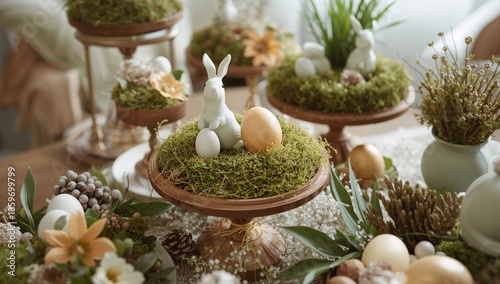 Decorative Spring Arrangements With Bunnies and Eggs on Wooden Displays in Br...