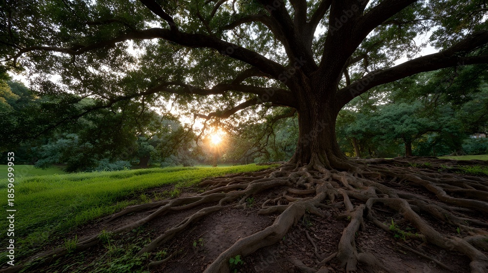 Obraz premium A majestic ancient tree with massive exposed roots in a grassy park at sunset