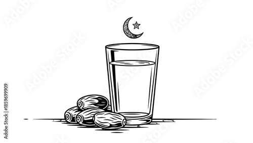 Simple illustration of a glass of water and dates with a crescent moon and star, symbolizing Iftar during Ramadan on an isolated white background.