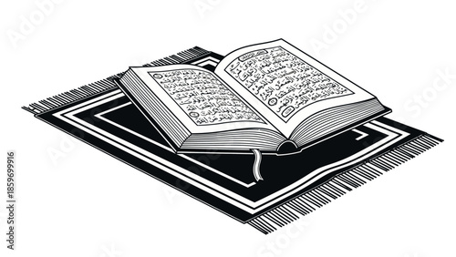 Open holy Quran placed reverently on a traditional prayer mat (sajadah) on an isolated white background, symbolizing Islamic devotion and study.