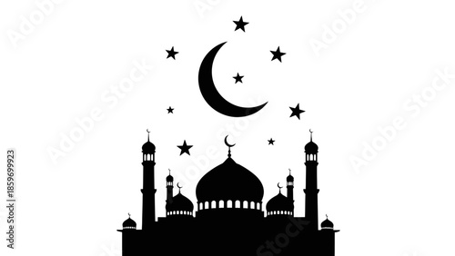 Silhouette of a majestic mosque under a starry night sky with a prominent crescent moon, symbolizing Islamic spirituality and worship on an isolated white background.