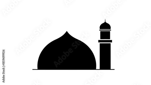 Simple black silhouette of a mosque with a dome and minaret, depicting Islamic architecture on an isolated white background.