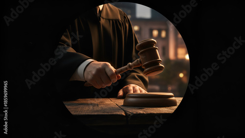 Judicial gavel and courtroom window view — legal decision concept, traditional justice


