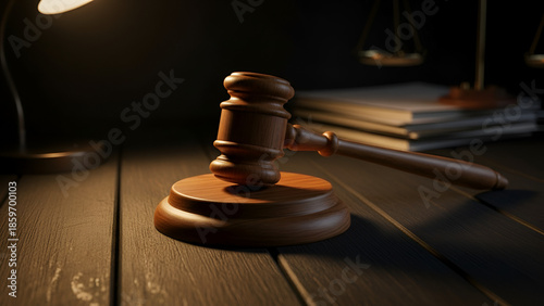 Judicial gavel on dark wooden desk — courtroom symbolism, legal decision concept

