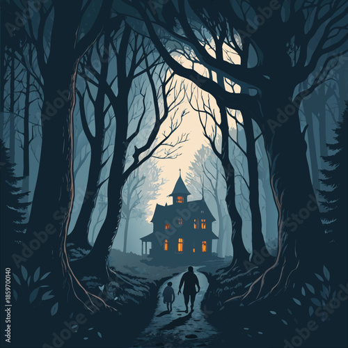 Haunted house with bats on a spooky hill at night Halloween illustration