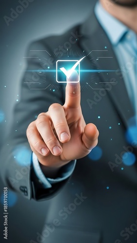 A businessman s hand interacting with a glowing digital checkmark interface symbolizing approval and successful completion