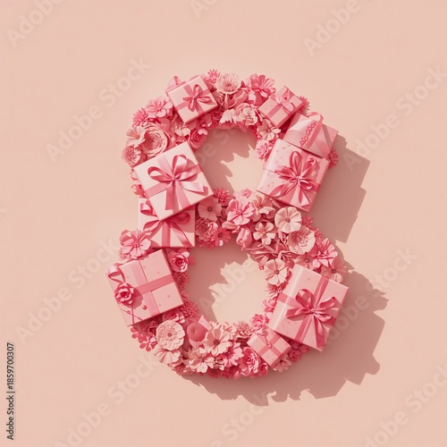 Number Eight Made of Gifts and Flowers on a Pink Background