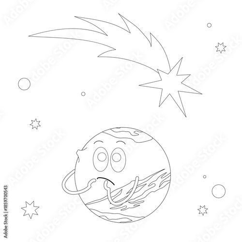 Planet Mars with shooting star. Black ad white. Cartoon vector illustration for children's coloring book, print.