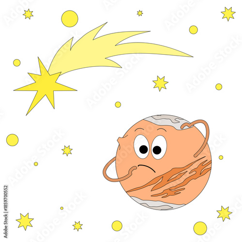 Planet Mars with shooting star on white background with stars. Astronomical vector cartoon illustration for children's book, poster, print.