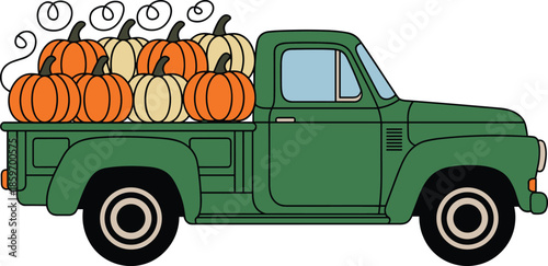 Green pickup truck loaded with pumpkins illustration isolated on white background, autumn harvest farming vehicle, fall season cartoon vector design