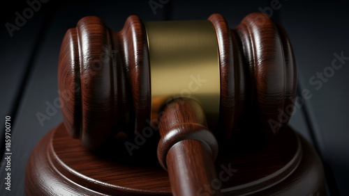 Judicial gavel close-up — polished wood, courtroom symbolism, legal decision concept

